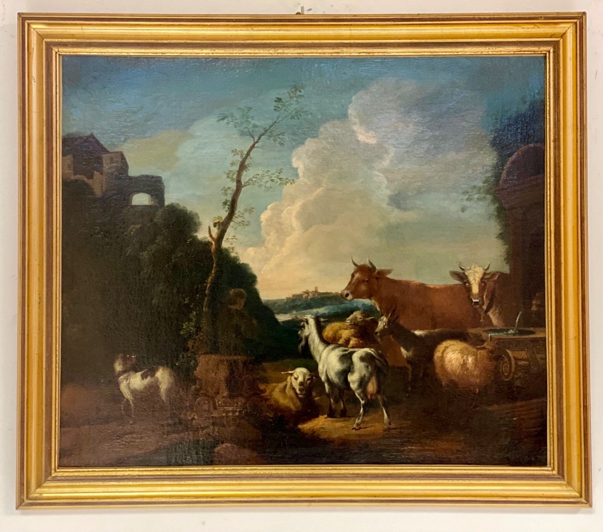 Olio su tela. Paesaggio con armenti fine XVII secolo