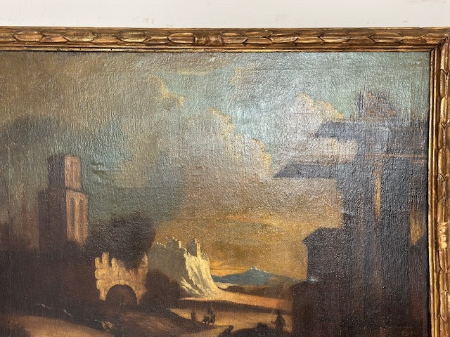 Olio su tela. Paesaggio con rovine attribuibile alla cerchia di Leonardo Coccorante . Napoli 16-photo-1