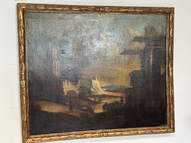 Olio su tela. Paesaggio con rovine attribuibile alla cerchia di Leonardo Coccorante . Napoli 16-photo-2