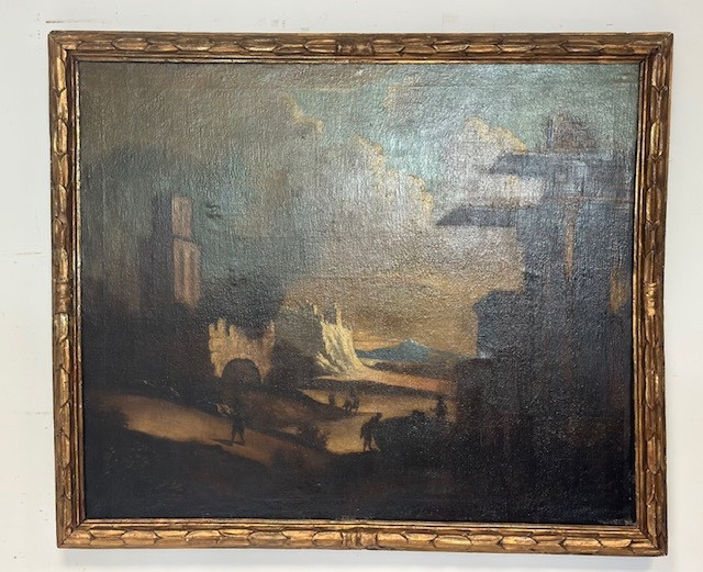 Olio su tela. Paesaggio con rovine attribuibile alla cerchia di Leonardo Coccorante . Napoli 16