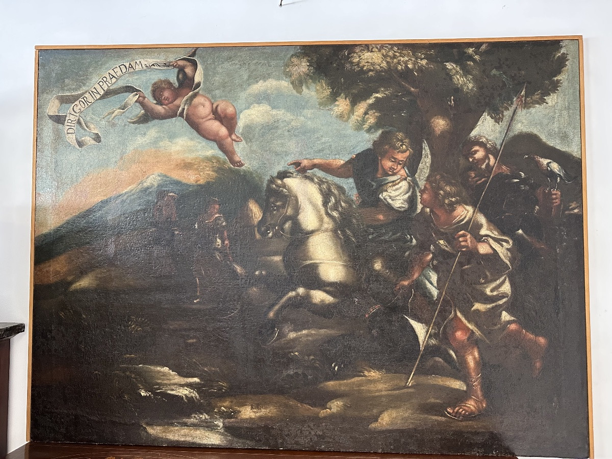 Scena biblica di caccia Scuola di Salvator Rosa olio su tela fine XVII secolo-photo-1