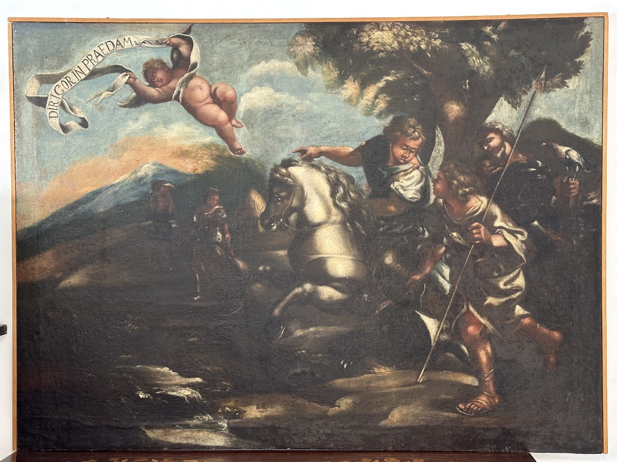Scena biblica di caccia Scuola di Salvator Rosa olio su tela fine XVII secolo