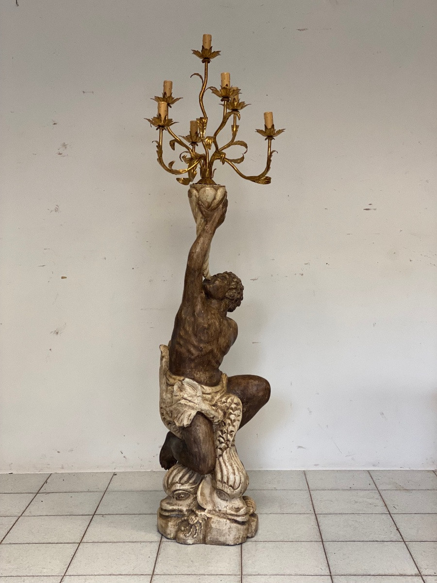 Moro veneziano scultura in legno scolpito laccato sei lumi . XIX secolo-photo-1