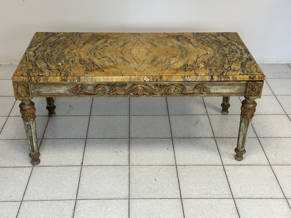 Tavolino intagliato laccato dorato Napoleone III con piano in marmo-photo-2