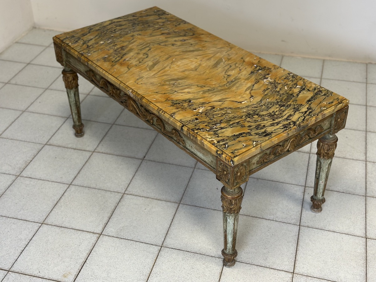 Tavolino intagliato laccato dorato Napoleone III con piano in marmo-photo-6