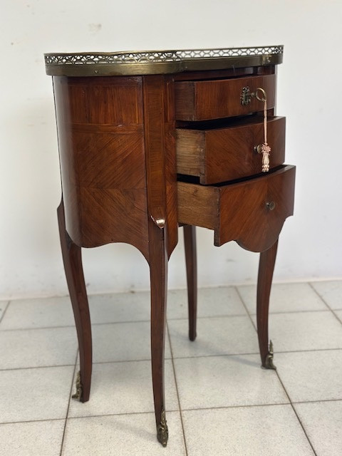 Tavolino Ovale Francese con Cassetti, del 1800 Riccamente intarsiato ( restaurato )-photo-6