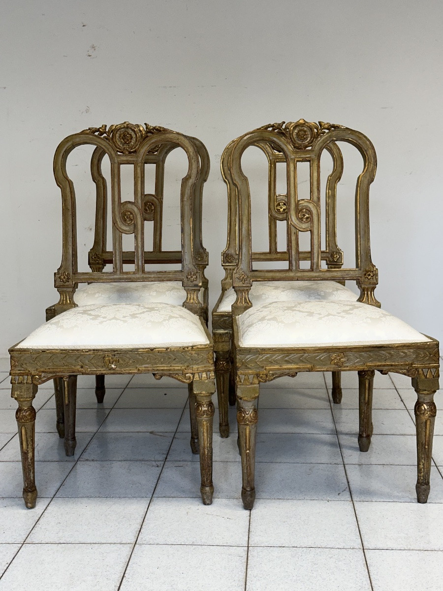 Gruppo di quattro sedie Luigi XVI laccate e dorate. XVIII secolo. Restaurate-photo-2