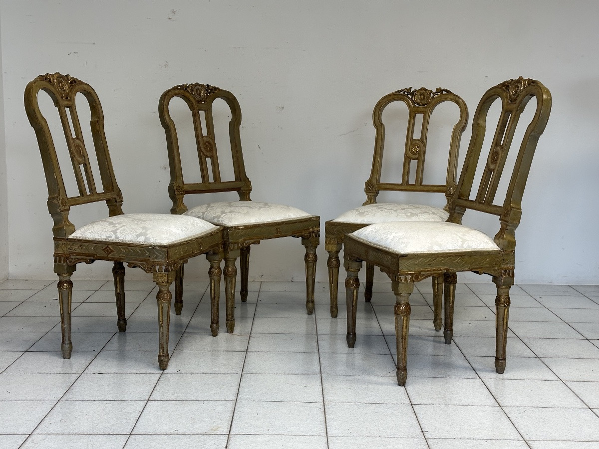 Gruppo di quattro sedie Luigi XVI laccate e dorate. XVIII secolo. Restaurate-photo-2