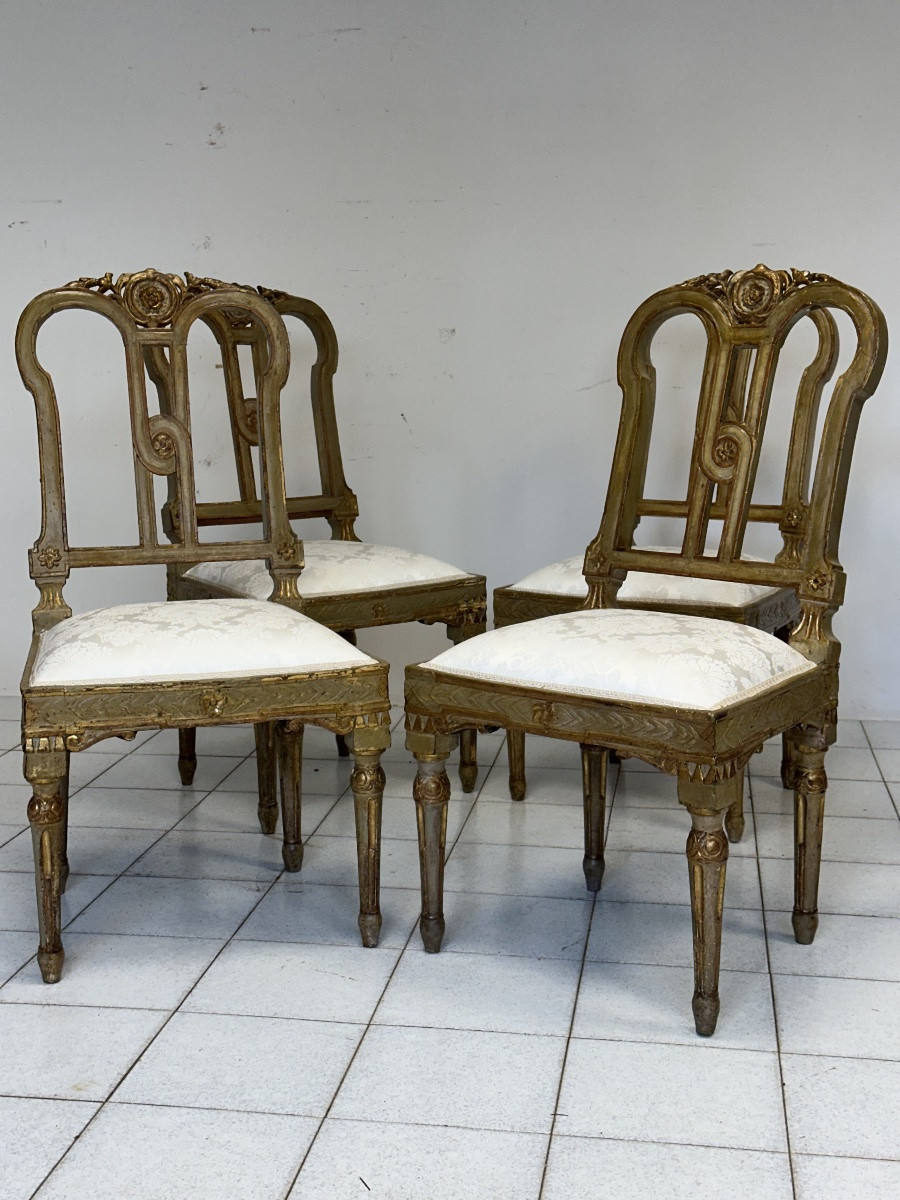 Gruppo di quattro sedie Luigi XVI laccate e dorate. XVIII secolo. Restaurate-photo-7