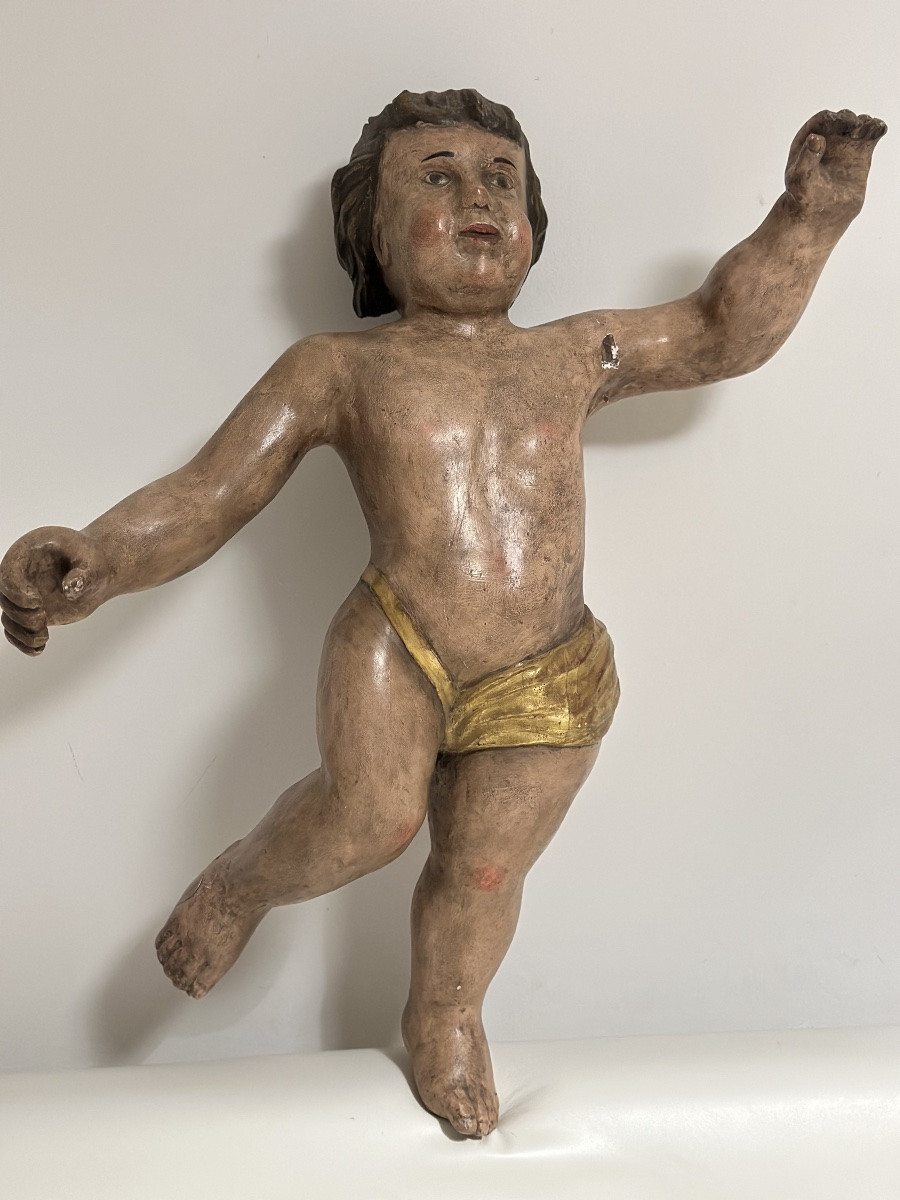 SCULTURA IN LEGNO POLICROMO EPOCA ‘600 ANGELO H 79 CM-photo-1