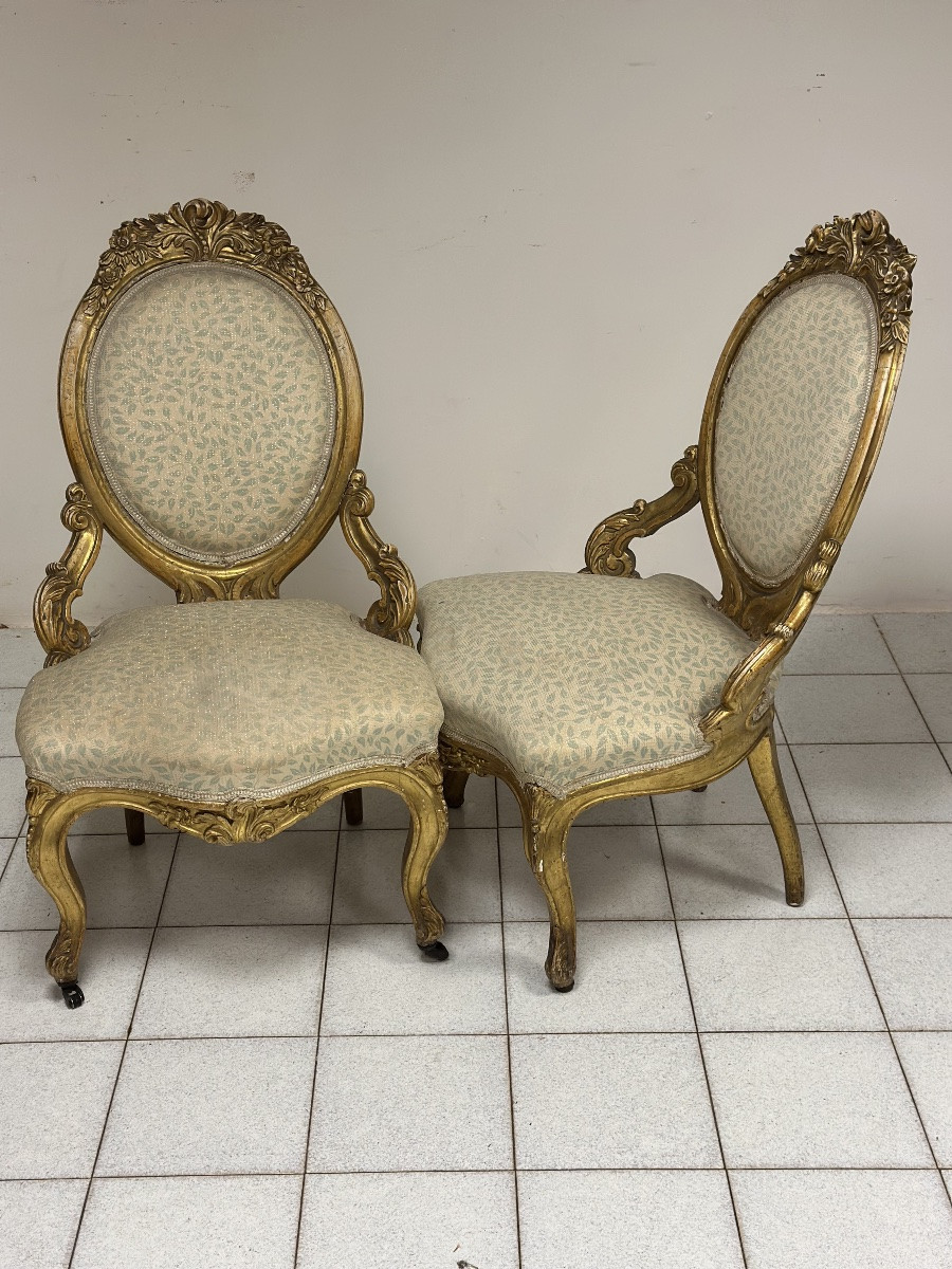 Coppia di poltrone in legno intagliato e dorato. XIX secolo-photo-1