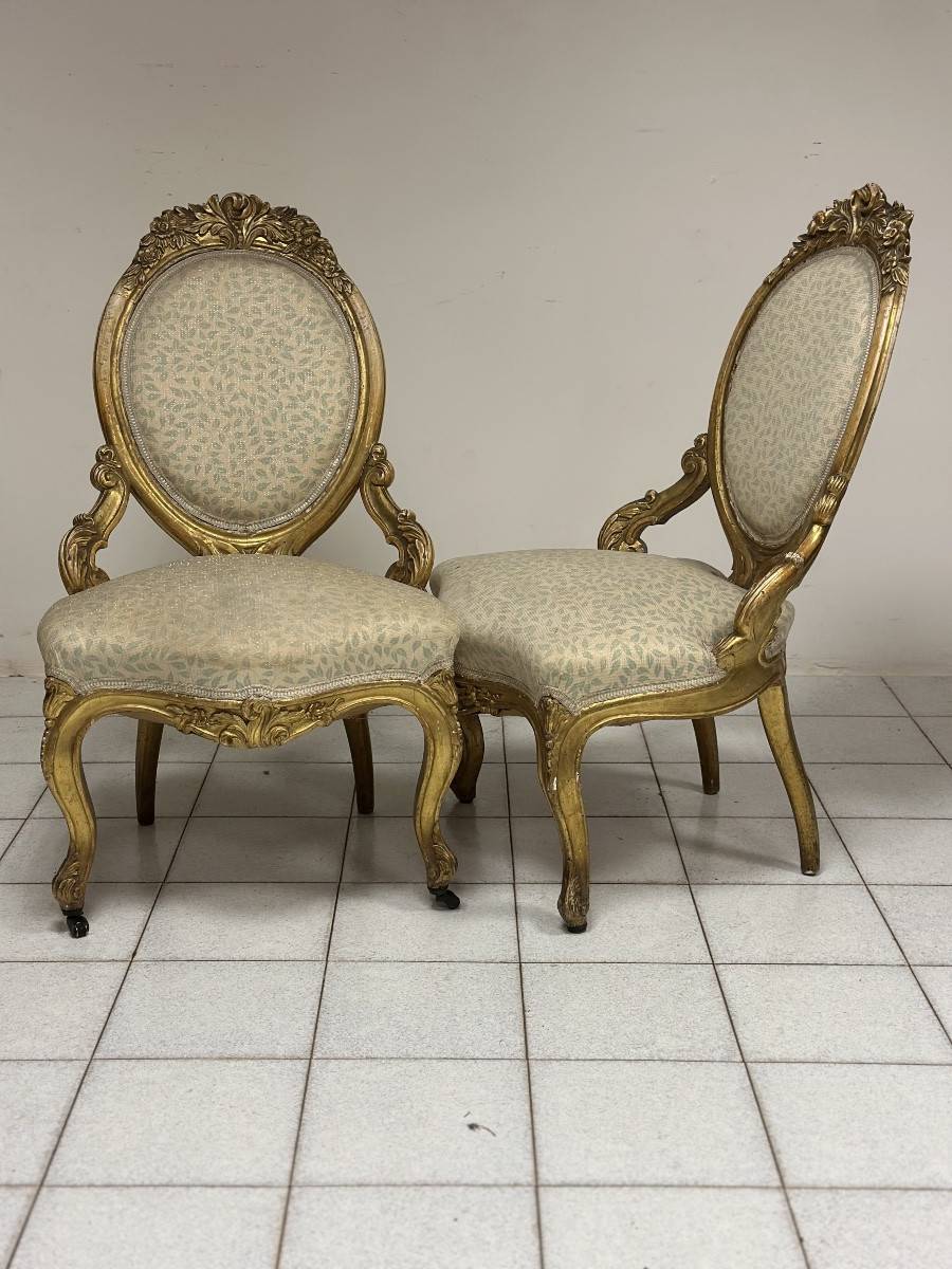Coppia di poltrone in legno intagliato e dorato. XIX secolo-photo-2