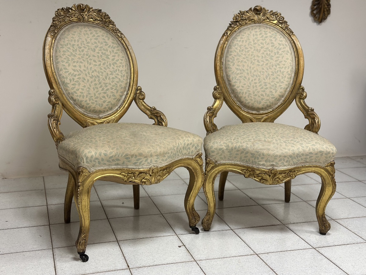 Coppia di poltrone in legno intagliato e dorato. XIX secolo-photo-4