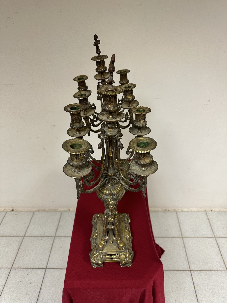 Coppia di candelieri in bronzo dorato . XIX secolo.-photo-4