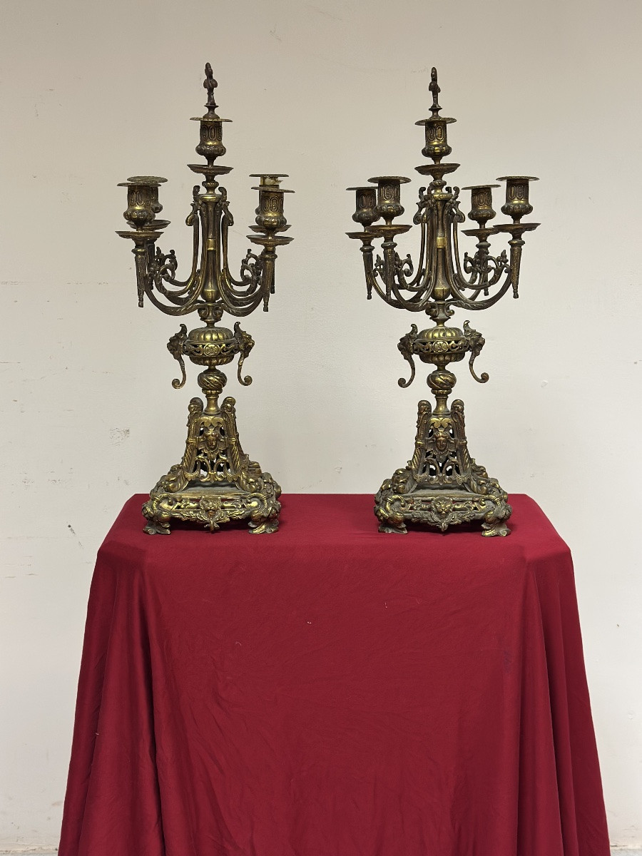 Coppia di candelieri in bronzo dorato . XIX secolo.-photo-7