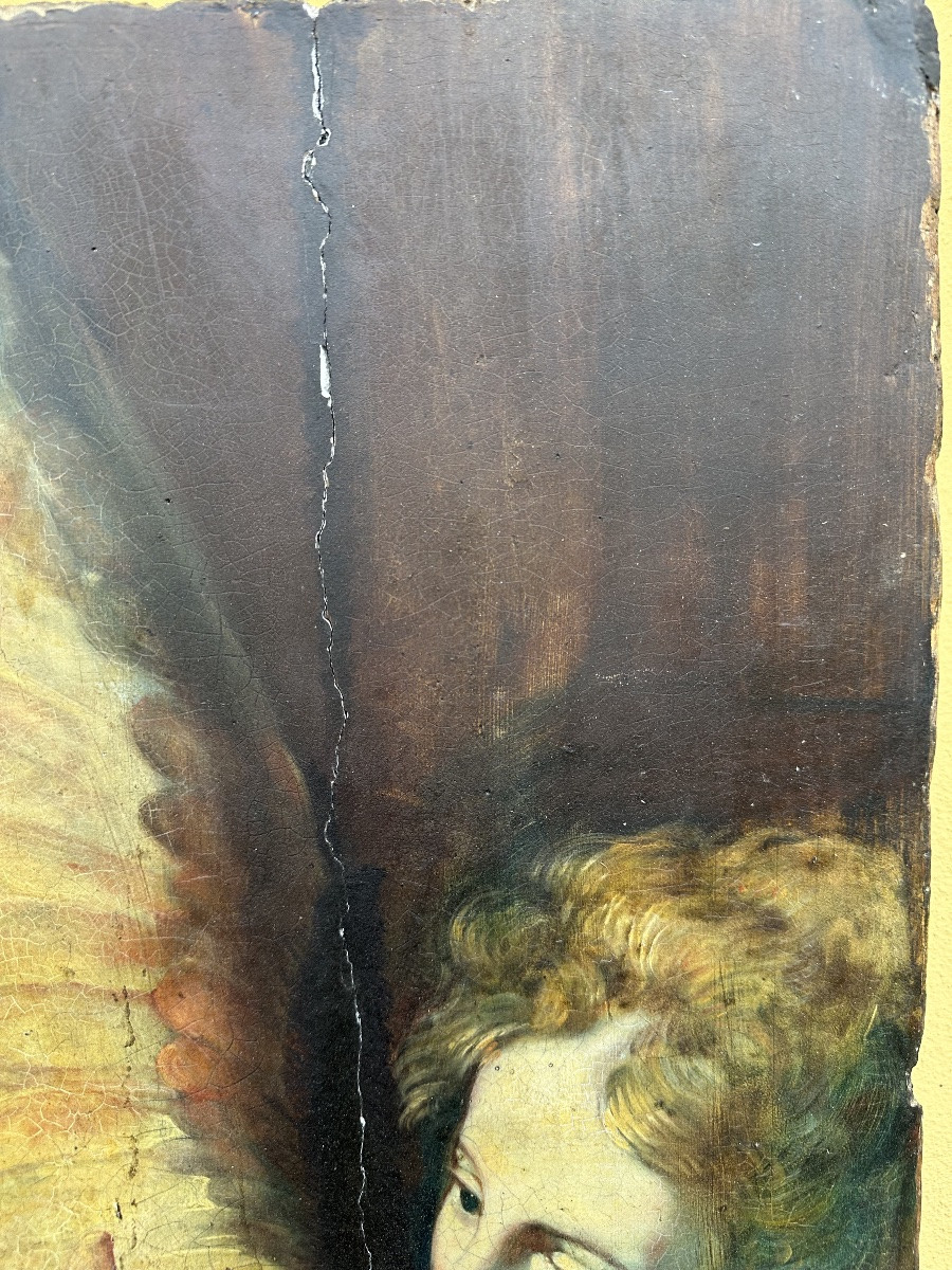 Olio su tavola . Agar e l’Angelo .Bernardo Strozzi ( bottega ) XVII secolo-photo-6