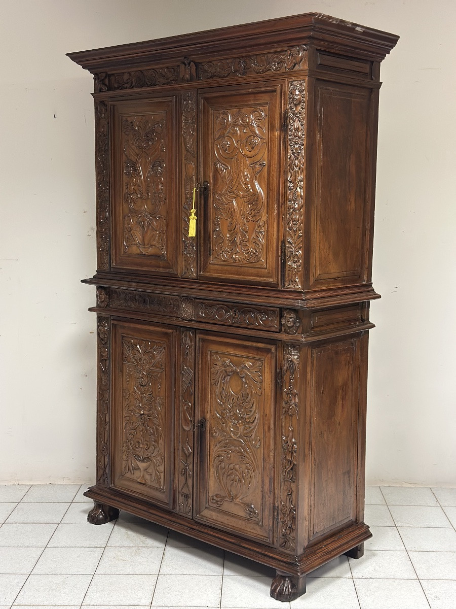 Credenza doppio corpo scolpita . Lombardia XVII secolo-photo-2