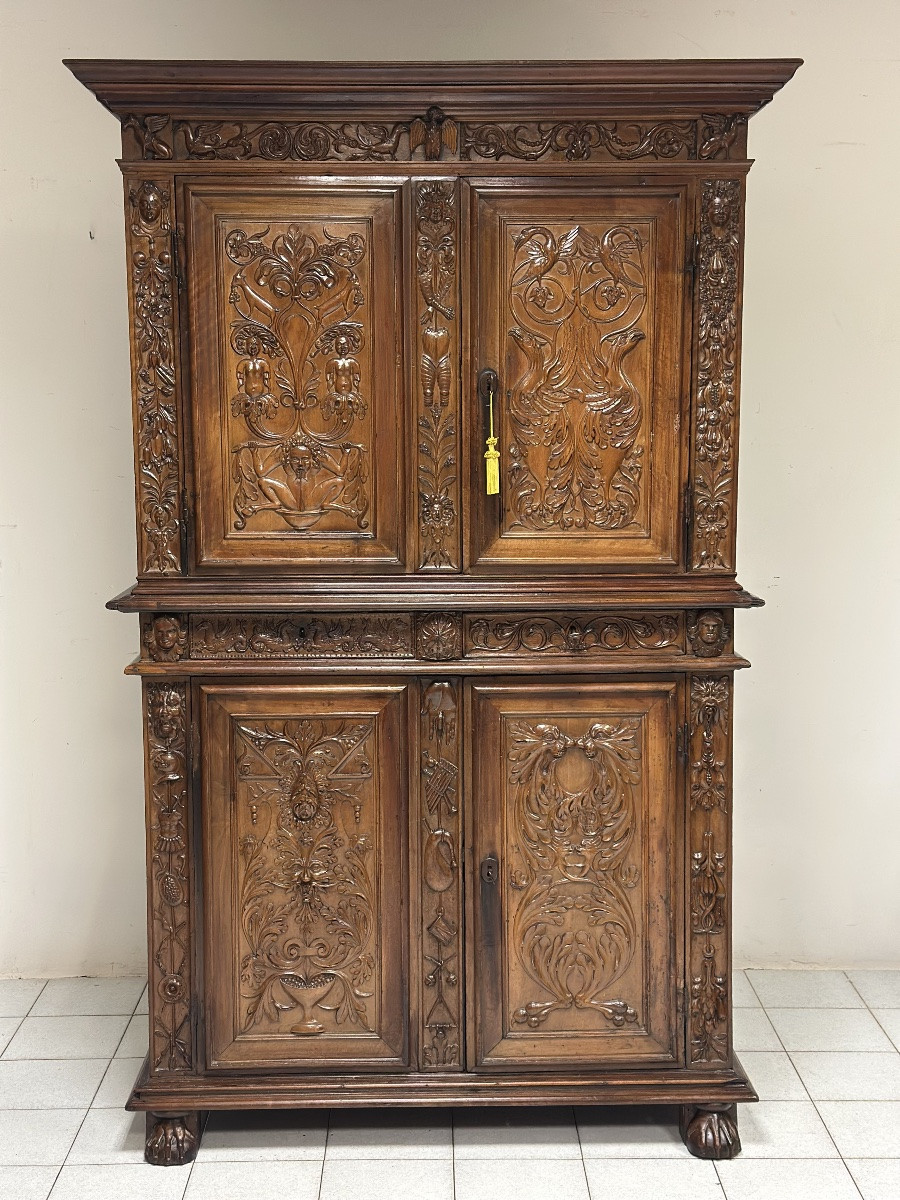 Credenza doppio corpo scolpita . Lombardia XVII secolo-photo-1