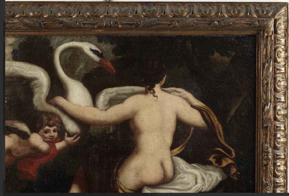 Olio su tela . Leda e il cigno pittore lombardo del XVII secolo epoca 600-photo-1