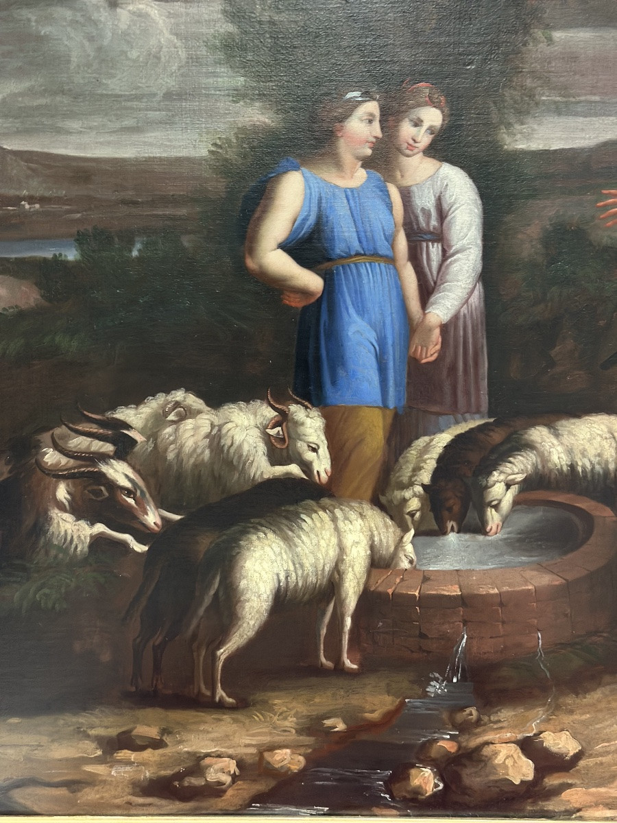 Olio su tela . Mosé con le figlie di Jetro. XVIII secolo-photo-3