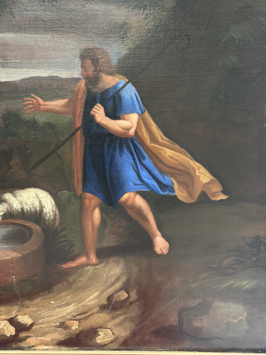 Olio su tela . Mosé con le figlie di Jetro. XVIII secolo-photo-4