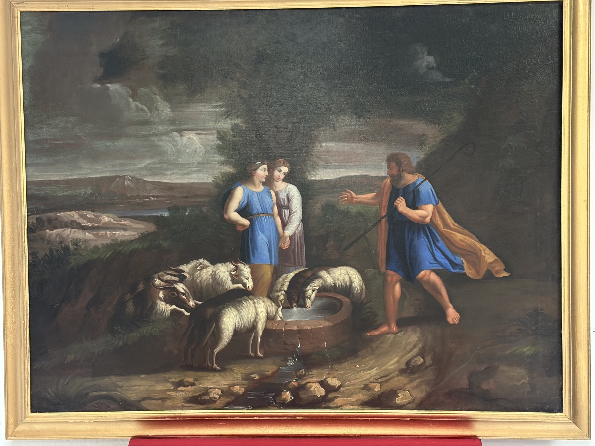 Olio su tela . Mosé con le figlie di Jetro. XVIII secolo-photo-2