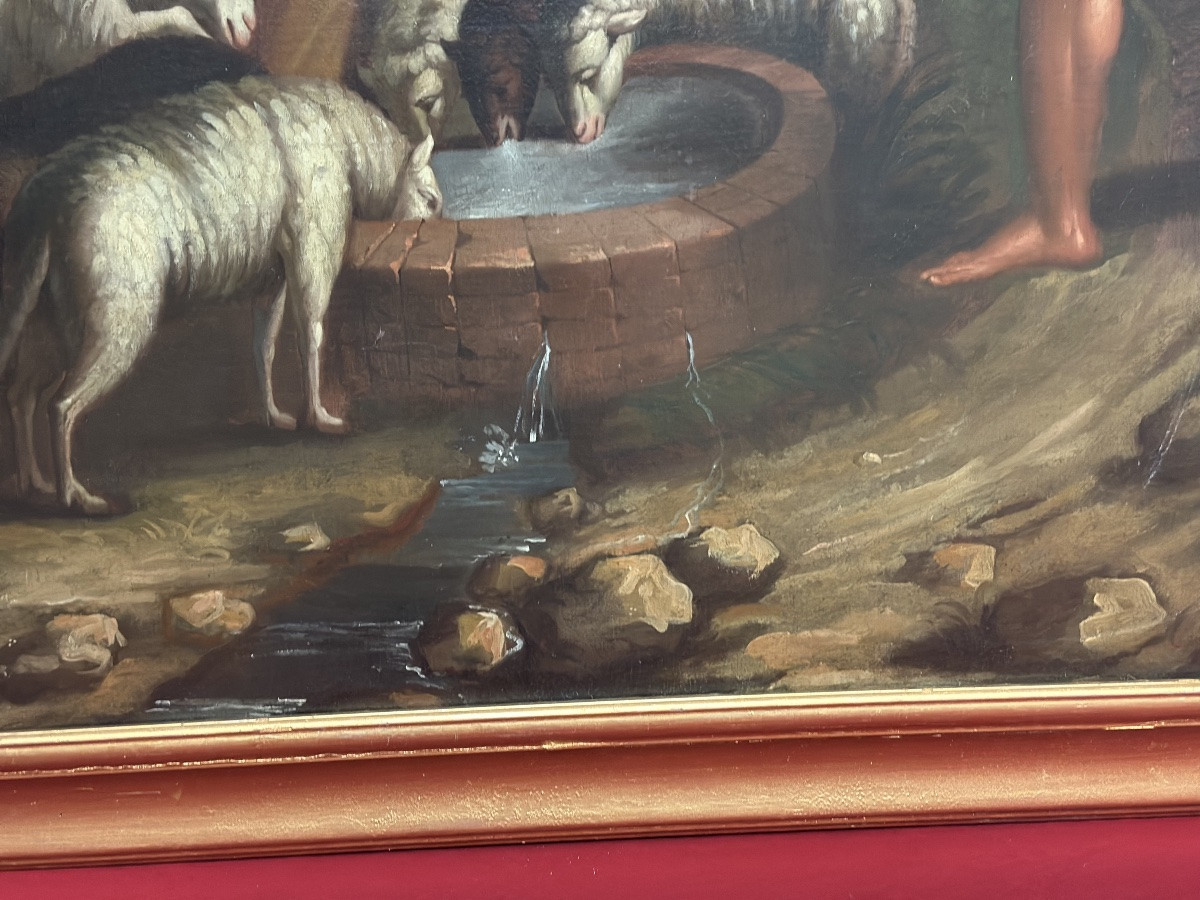 Olio su tela . Mosé con le figlie di Jetro. XVIII secolo-photo-5