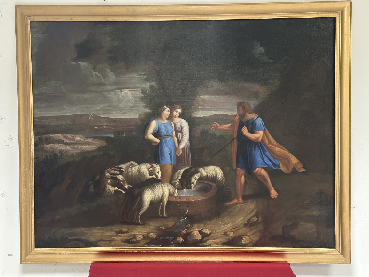Olio su tela . Mosé con le figlie di Jetro. XVIII secolo