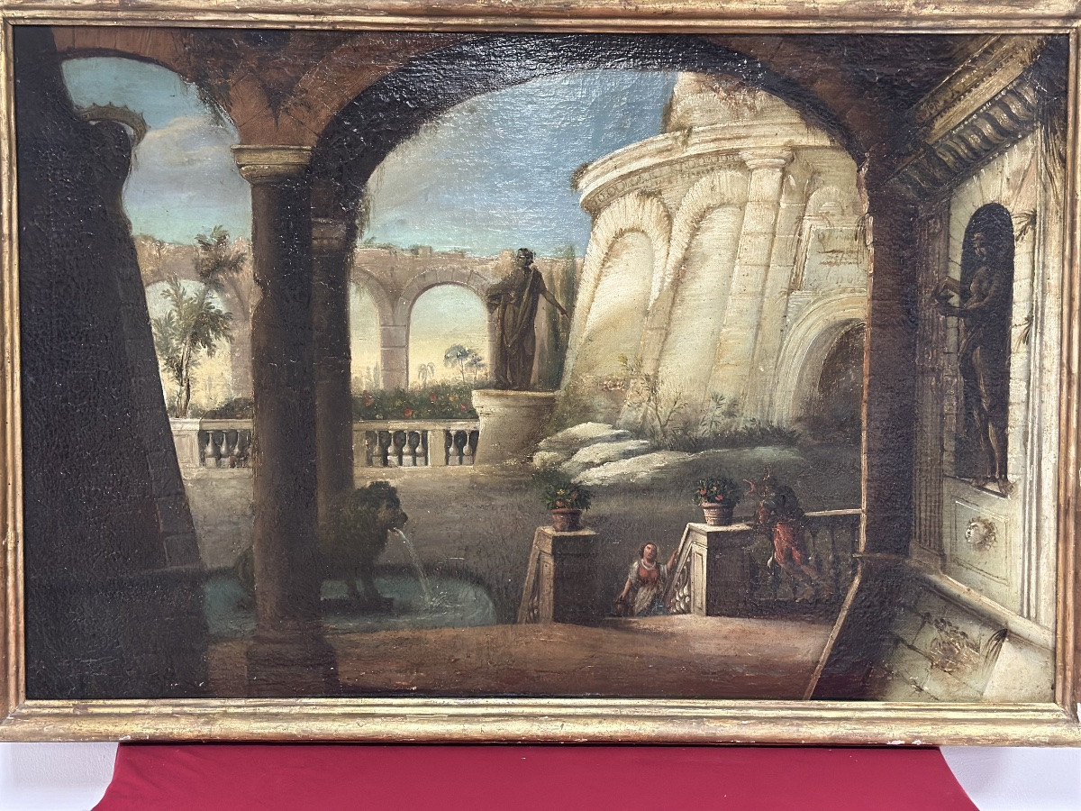 Dipinto olio su tela italiano del XVIII secolo, Capriccio architettonico con figure-photo-1