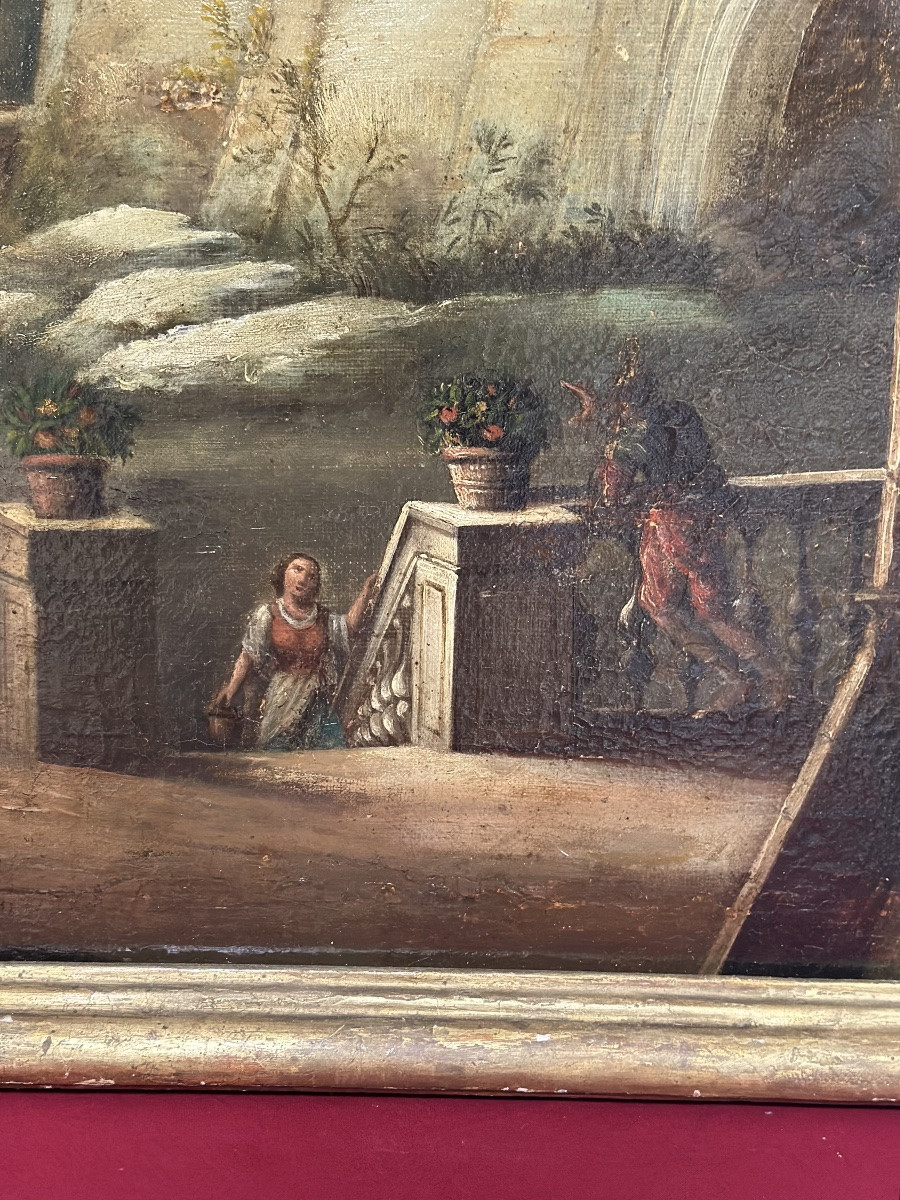 Dipinto olio su tela italiano del XVIII secolo, Capriccio architettonico con figure-photo-3
