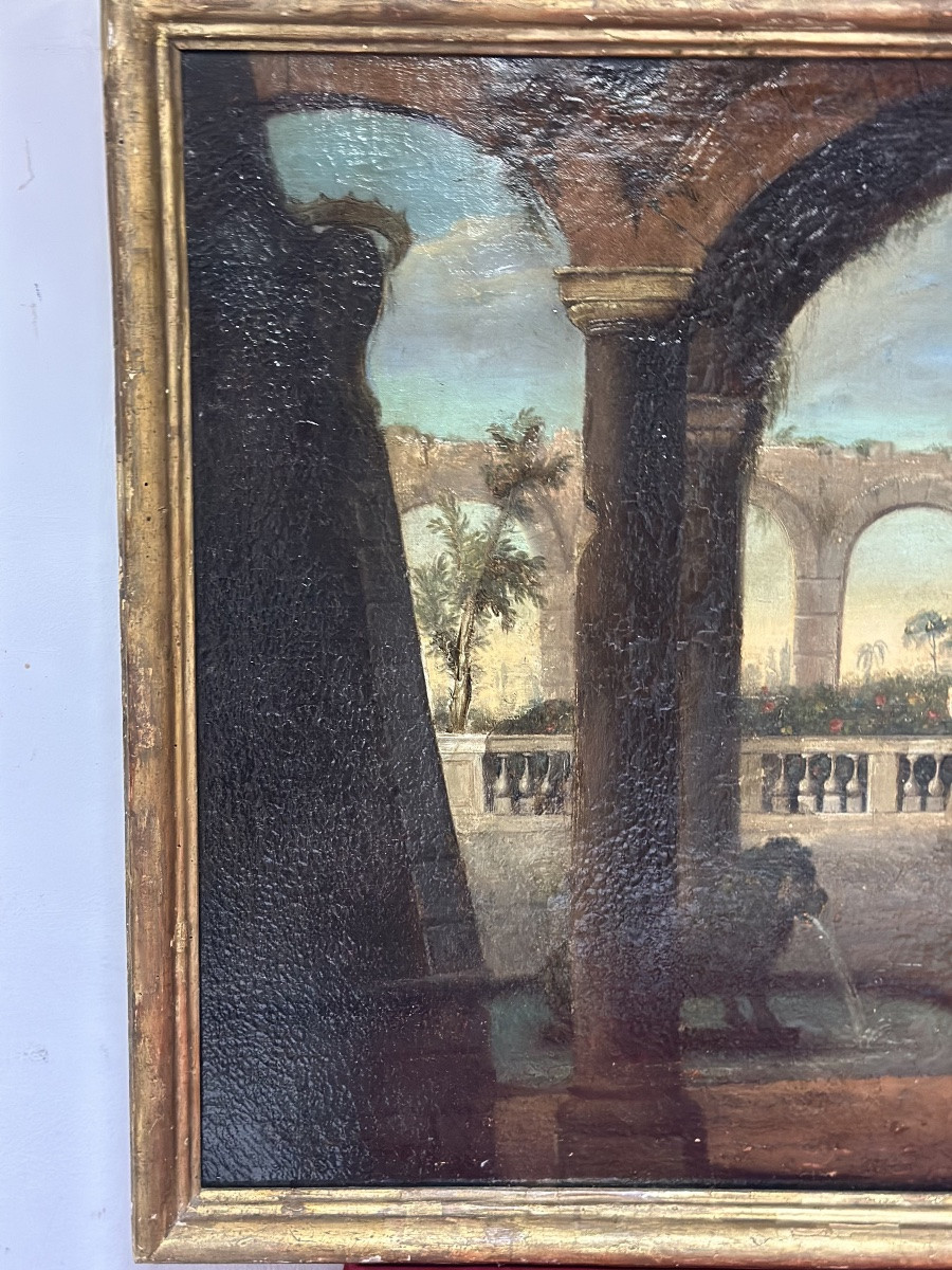 Dipinto olio su tela italiano del XVIII secolo, Capriccio architettonico con figure-photo-4