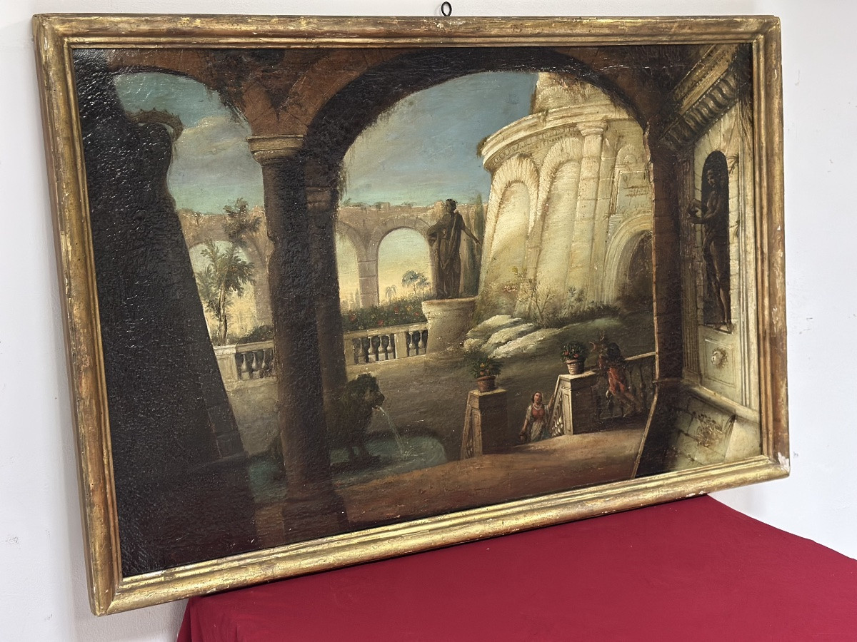 Dipinto olio su tela italiano del XVIII secolo, Capriccio architettonico con figure-photo-5