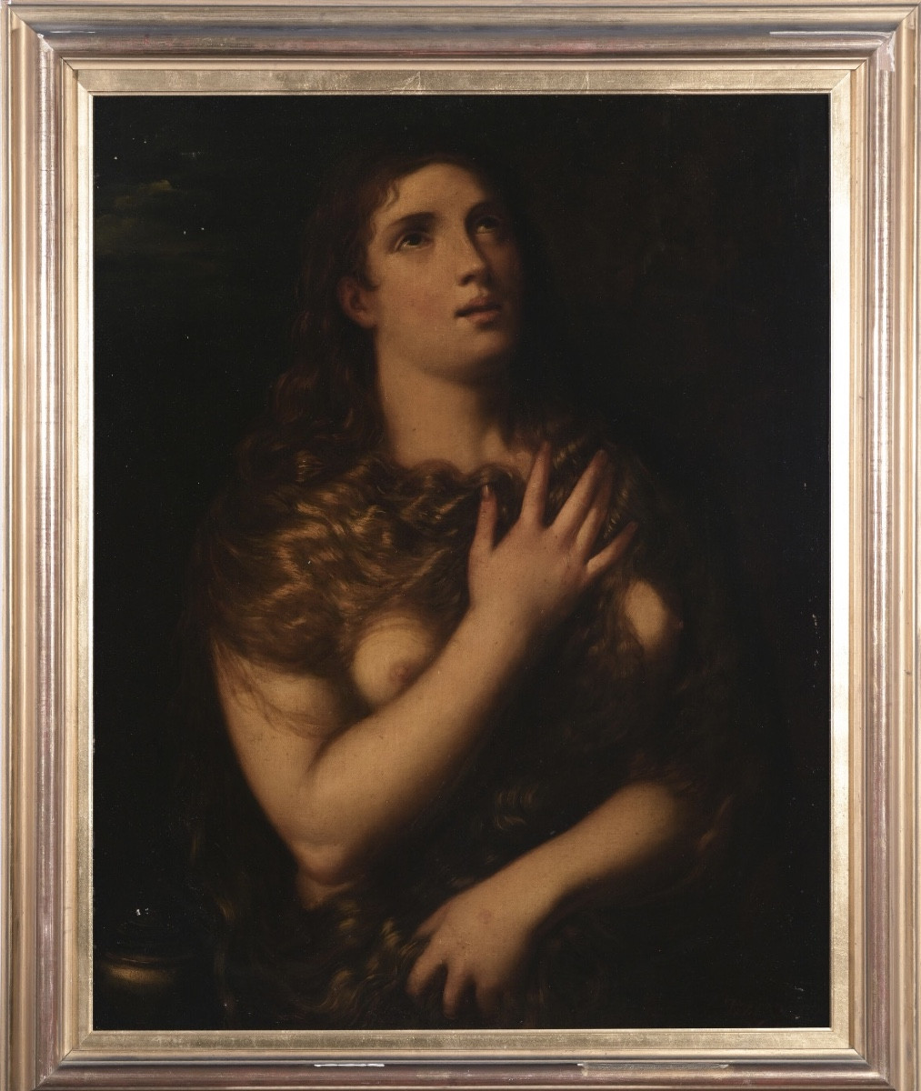 Autore: TIZIANO VECELLIO (seguace), Soggetto: Maddalena penitente Tecnica: (olio su tela). Dime