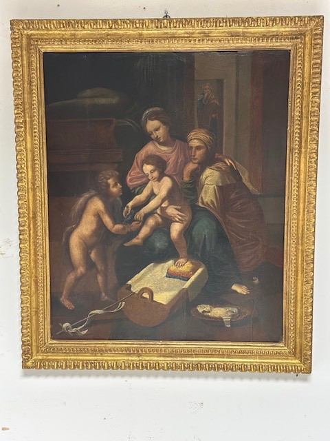 Olio su tavola. Sacra famiglia con Sant’Anna e San Giovannino . XVI secolo. 76 x 63-photo-2