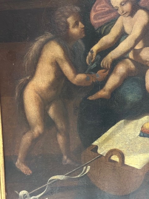 Olio su tavola. Sacra famiglia con Sant’Anna e San Giovannino . XVI secolo. 76 x 63-photo-4