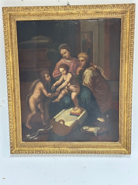 Olio su tavola. Sacra famiglia con Sant’Anna e San Giovannino . XVI secolo. 76 x 63-photo-2