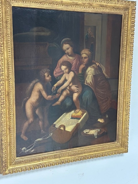 Olio su tavola. Sacra famiglia con Sant’Anna e San Giovannino . XVI secolo. 76 x 63-photo-4