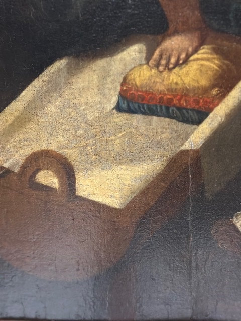 Olio su tavola. Sacra famiglia con Sant’Anna e San Giovannino . XVI secolo. 76 x 63-photo-5