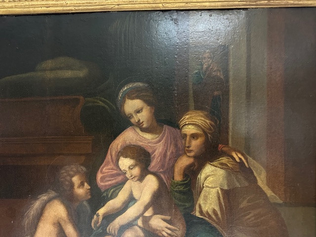 Olio su tavola. Sacra famiglia con Sant’Anna e San Giovannino . XVI secolo. 76 x 63-photo-6