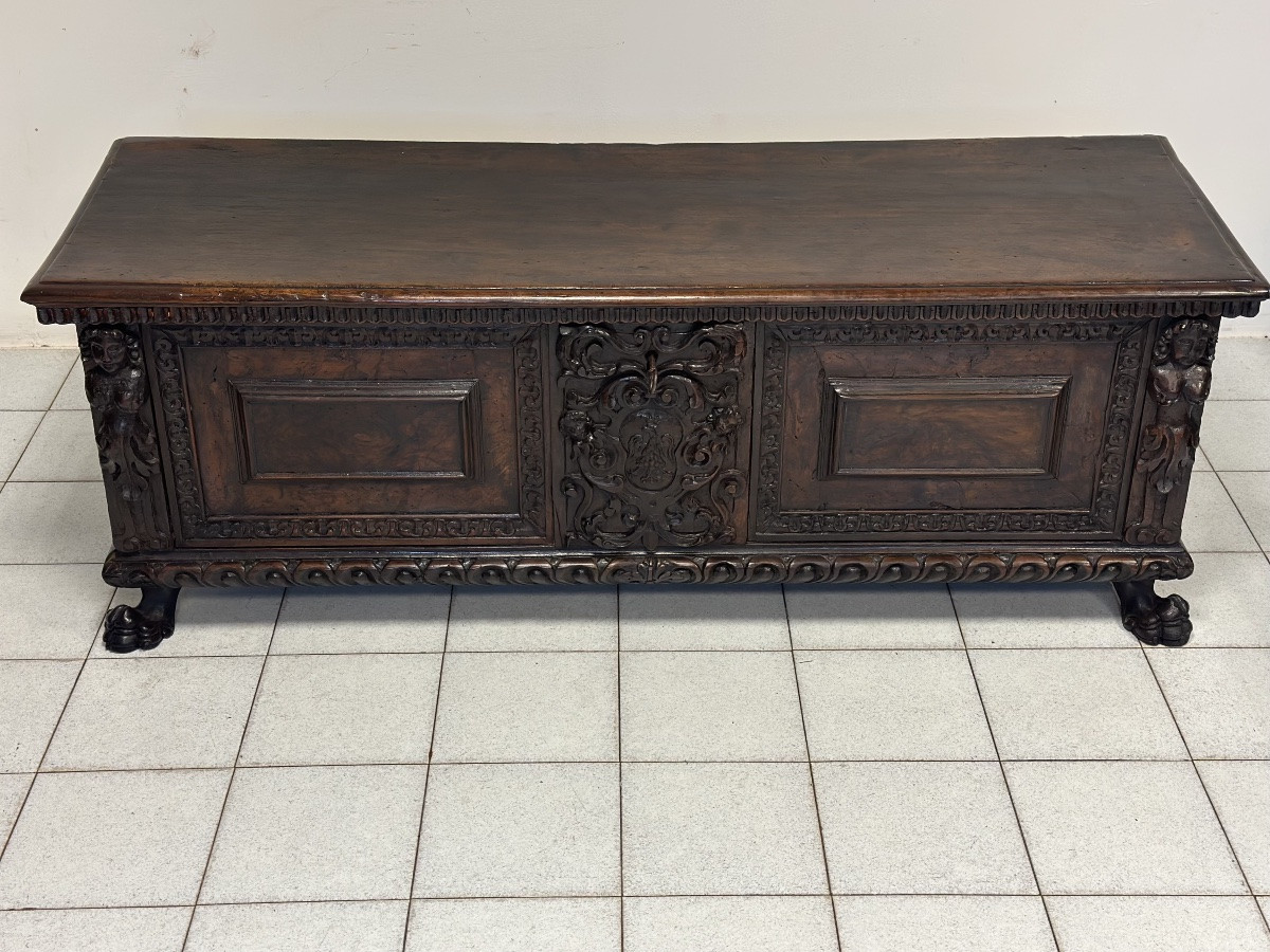 Cassapanca nobiliare rinascimentale lombarda città di Bergamo primo 600 XVII secolo-photo-2