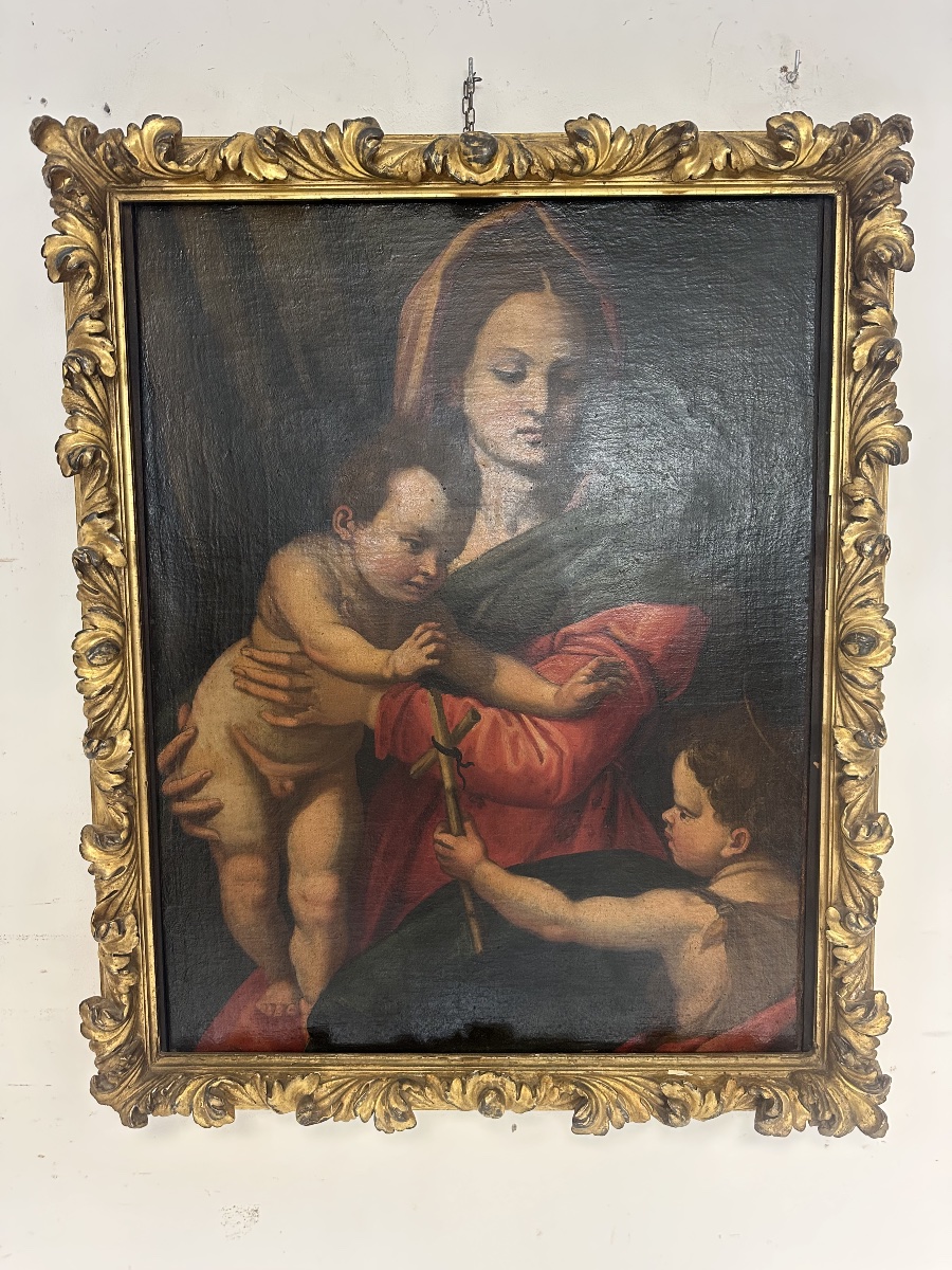 Olio su tela Madonna con il bimbo e San Giovannino . Andrea del Sarto copia da . XVI secolo