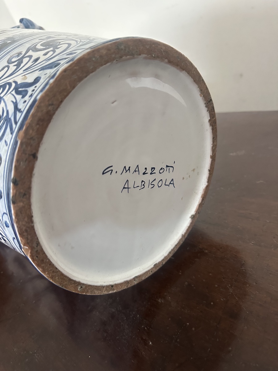 Vaso da farmacia in maiolica bianca e blu Savona Albissola inizio 900-photo-1