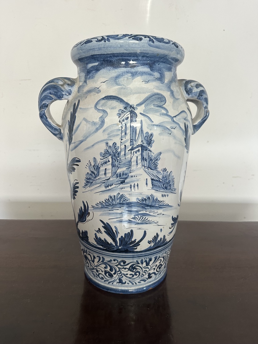 Vaso da farmacia in maiolica bianca e blu Savona Albissola inizio 900-photo-8