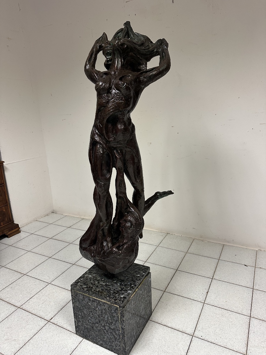 Scultura in bronzo patinato Fanciulla al vento . XX secolo altezza 174 cm-photo-3