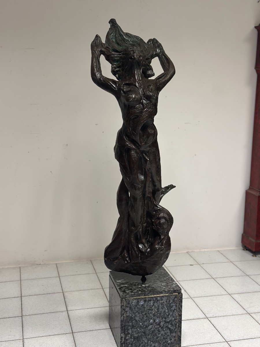 Scultura in bronzo patinato Fanciulla al vento . XX secolo altezza 174 cm-photo-4