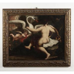 Olio su tela . Leda e il cigno pittore lombardo del XVII secolo epoca 600