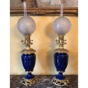 Electrified Oil Lamps In Gilt Bronze And Oven Blue.