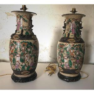 Pair Of Nanking Ceramic Baluster Vases Mounted As Lamps, 55cm