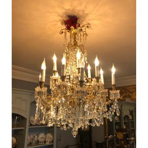19th Century Chandelier With 24 Candles And Crystal Pendants.
