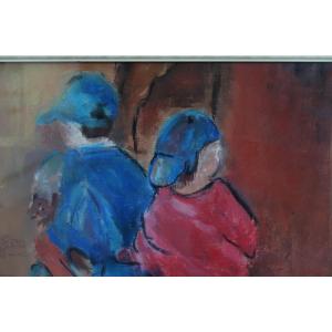 Oil On Paper: Two Children In A Cart